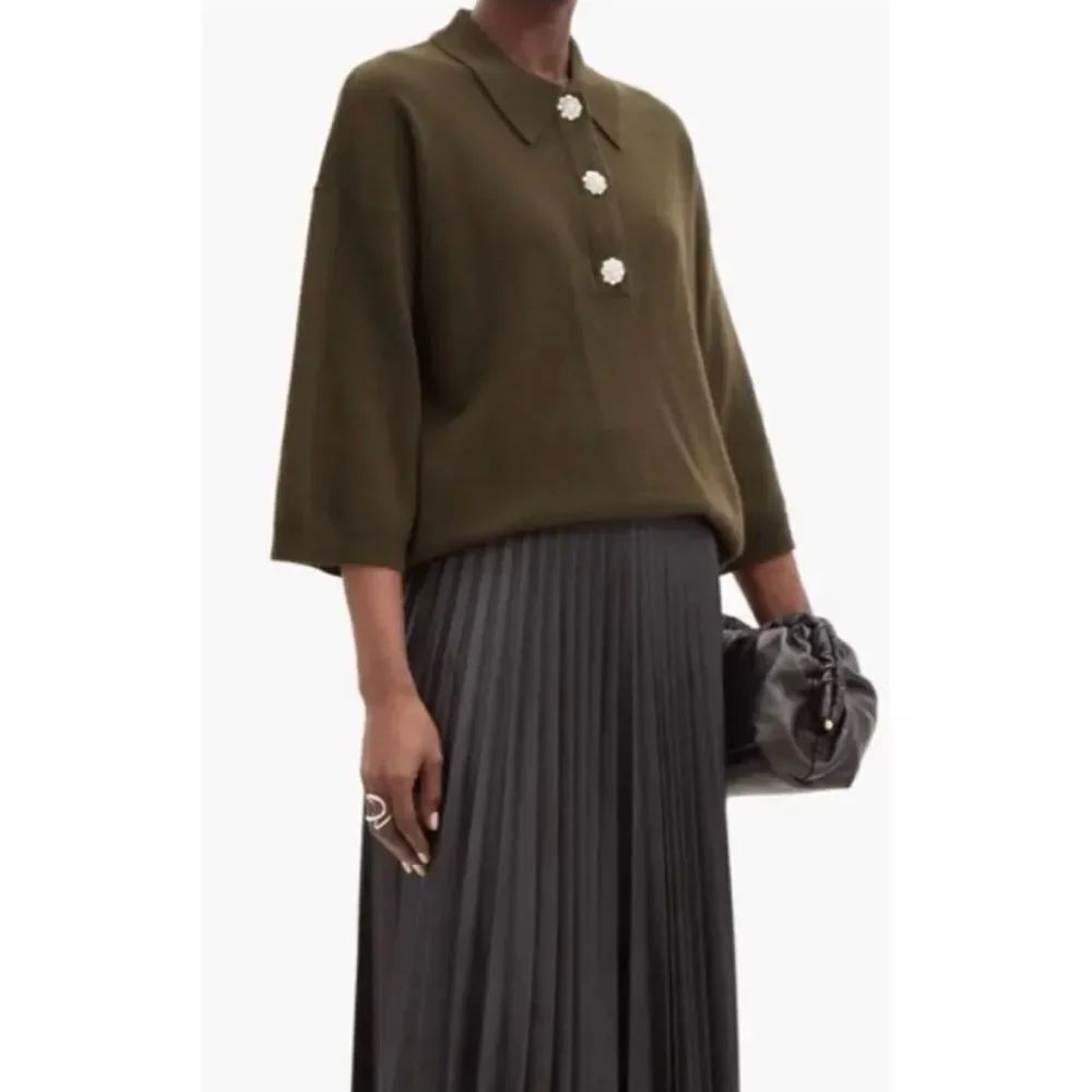 Ganni Oversized Rhinestone Cashmere Sweater in Deep Olive Size XS